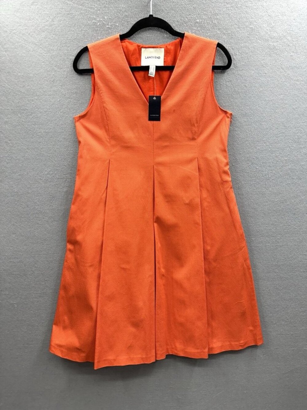 Lands End Dress Sz 8 NWT Orange Pique Cotton Pleated Sleeveless Fit Flare Pocket